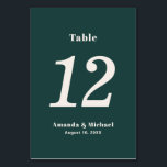 Simple Emerald Green Minimalistisch Wedding Tischnummer<br><div class="desc">Mit schlichtem minimalistischem Stil und einem leichten Retro-Look wiederholt sich diese Tischnummer im beliebten Smaragdgrün mit beigen Ekru-Schriften auf beiden Seiten der Karte. Personalisieren Sie mit dem Namen der Braut und des Bräutigams und dem Hochzeitstag. Erstellen Sie für jede gewünschte Tischnummer eine separate Tischnummer und fügen Sie diese bei der...</div>