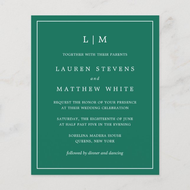 Simple Emerald Green Monogram Elegant Wedding (Vorderseite)