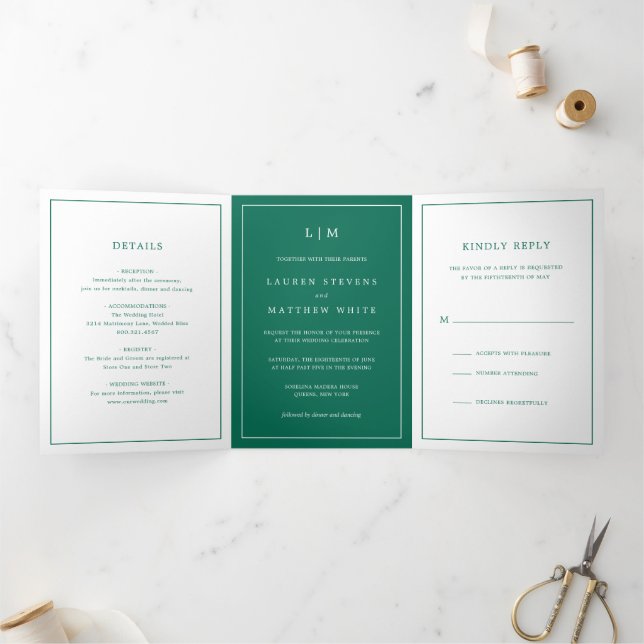 Simple Emerald Green Monogram Elegant Wedding Dreifach Gefaltete Einladung (Innenseite)