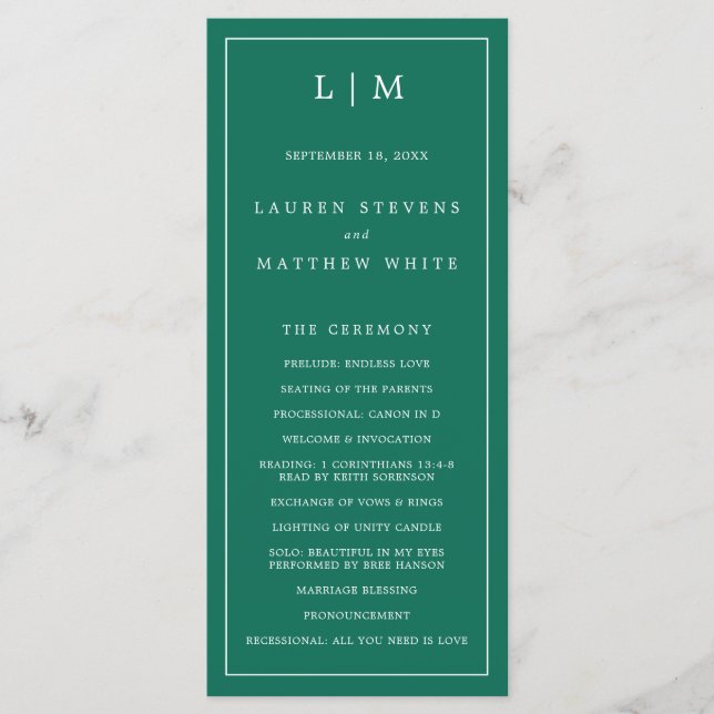 Simple Emerald Green Monogram Elegant Wedding Programm (Vorderseite)
