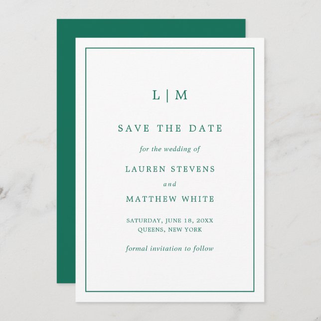 Simple Emerald Green Monogram Elegant Wedding Save The Date (Vorne/Hinten)