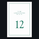 Simple Emerald Green Monogram Elegant Wedding Tischnummer<br><div class="desc">Einfache Tischnummer mit elegantem und zeitlosem Design mit zwei Buchstaben Monogramm, Namen, Datum und Tischnummer umgeben von einem dünnen Rand. Alle Designelemente sind in einem Juwel-Ton smaragdgrün über einem weißen Hintergrund und können in jede Farbe geändert werden, die Sie im Design-Editing-Tool wünschen. Ein gepflegtes und klassisches Design, ideal für ein...</div>