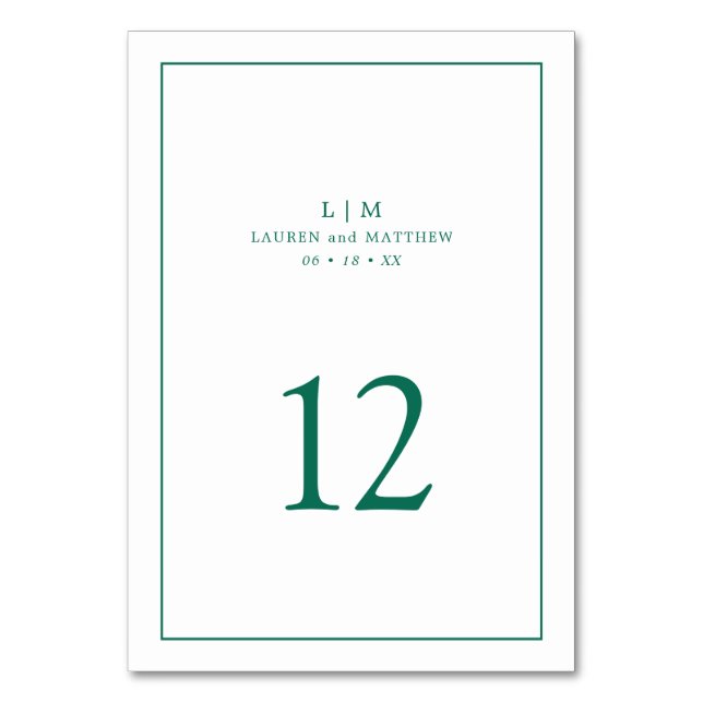 Simple Emerald Green Monogram Elegant Wedding Tischnummer (Vorderseite)