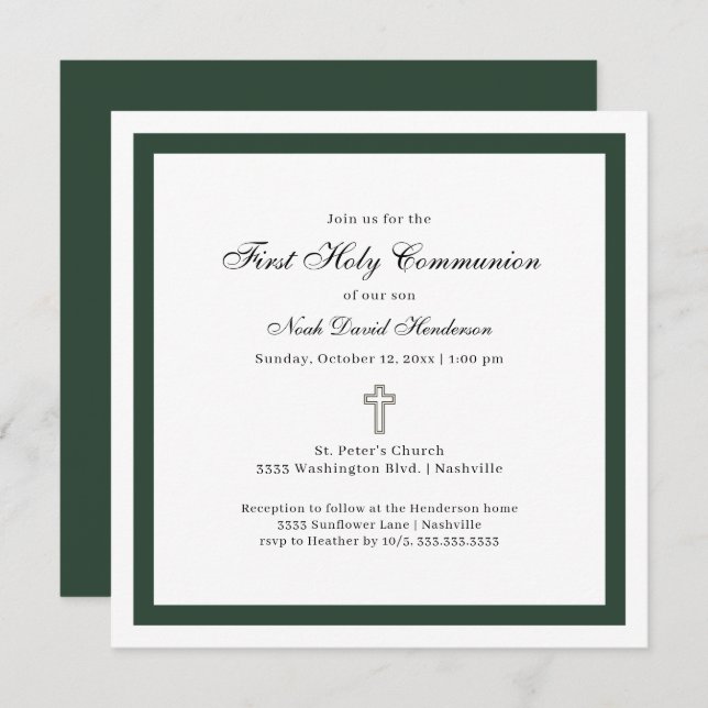 Simple Emerald Green White First Holy Communion  Einladung (Vorne/Hinten)
