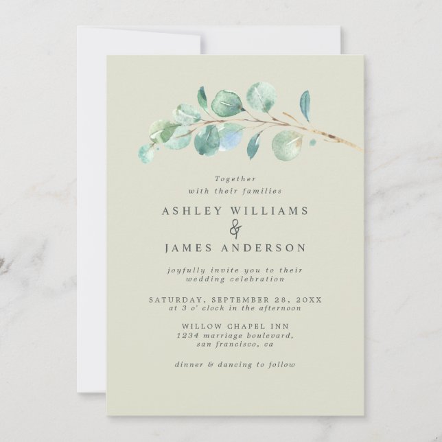Simple Eucalyptus Foliage Pastel Green Wedding Inv Einladung (Vorderseite)