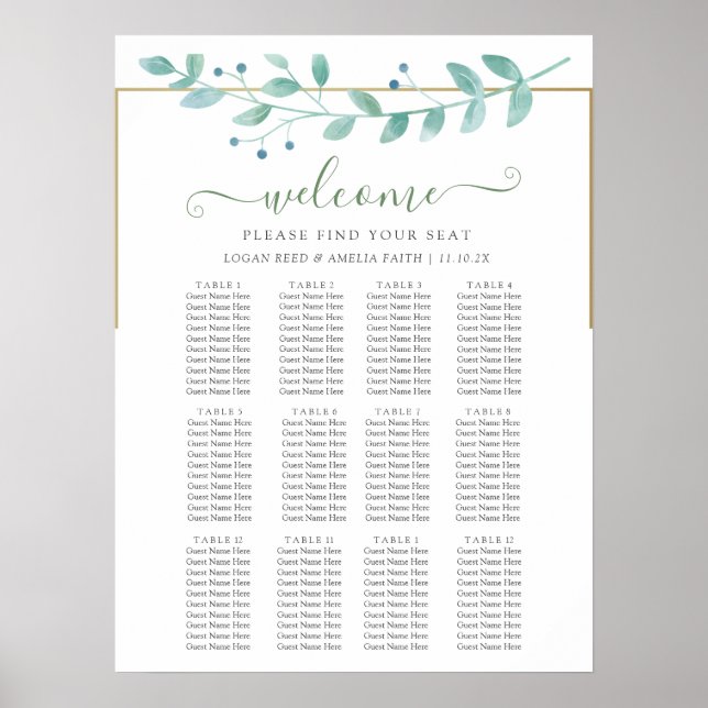Simple Eucalyptus Greenery Wedding Seating Chart Poster (Vorne)