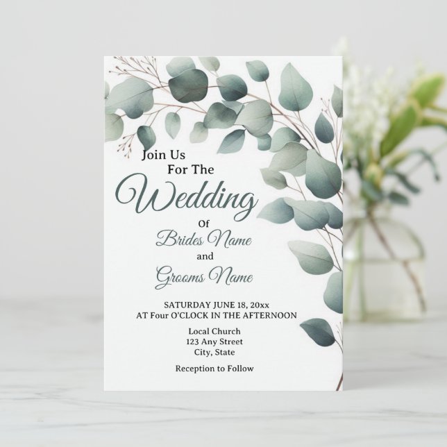 Simple Eucalyptus Wedding Invitation Einladung (Stehend Vorderseite)