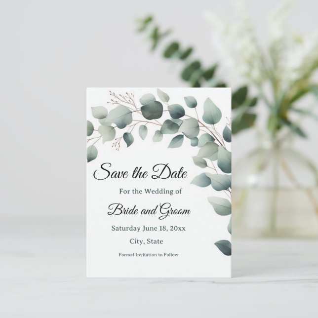Simple Eucalyptus Wedding Save the Date Postcard Postkarte (Stehend Vorderseite)
