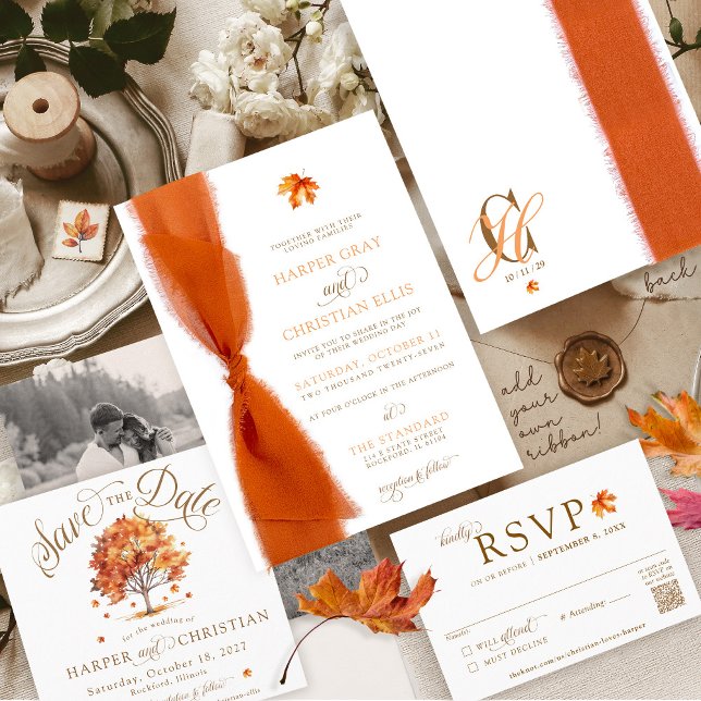 Simple Fall Leaves Modern Autumn Ribbon Wedding Einladung (Simple elegant watercolor fall leaf tree script monogram Autumn wedding invitation, just add ribbon!)