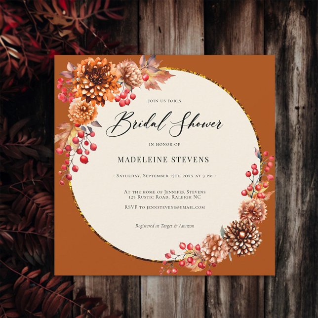 Simple Fall Wreath Mums Berries Einladung (fall floral wreath simple bridal shower invitation mums poms berries terracotta copper burgundy)