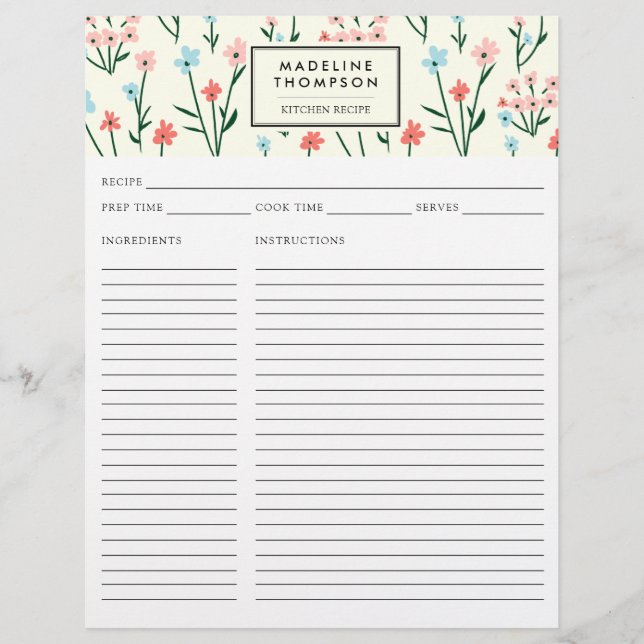 Simple Floral Botanical Pink Blue Flower Recipe (Vorderseite)