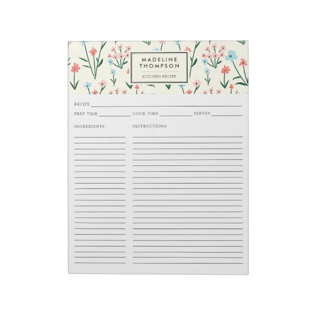 Simple Floral Botanical Pink Blue Flower Recipe Notizblock (Rotiert)