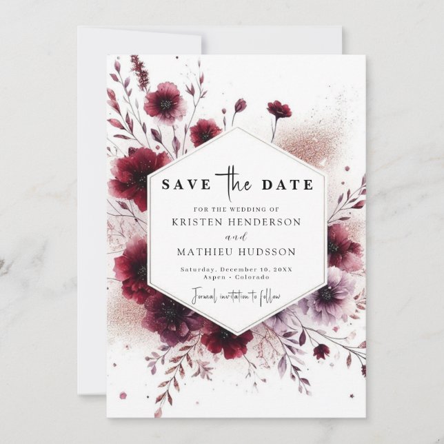 Simple Floral Burgundy Wedding Save The Date (Vorderseite)
