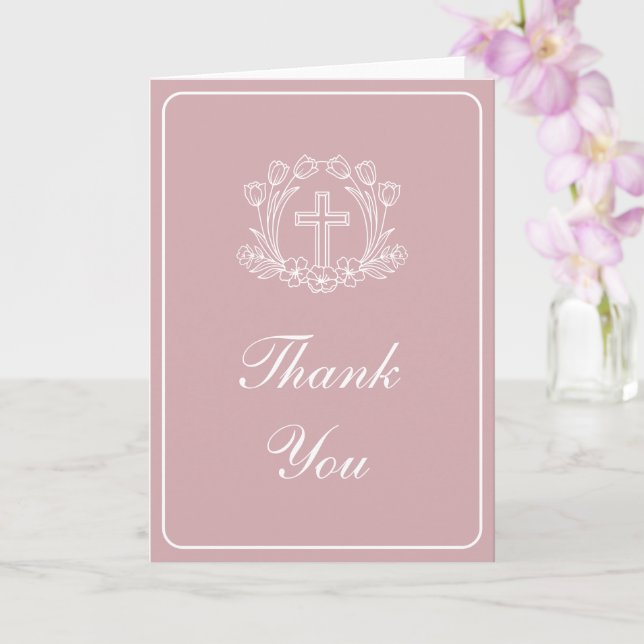 Simple Floral Cross on Pink Religious Thank You Karte (Orchidee)