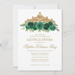 Simple Floral Emerald Green Gold Crown Quinceañera Einladung