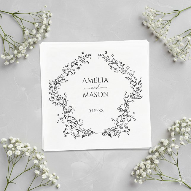 Simple Floral Frame Black and White Paper Wedding Serviette (Simple Floral Frame Black and White Paper Wedding Napkins)