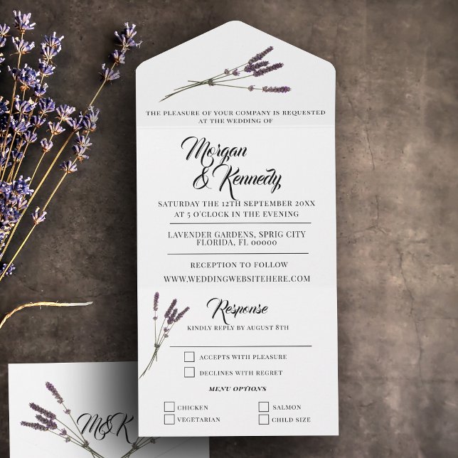 Simple Floral Lavender Sprig UAWG Wedding All In One Einladung (A lovely lavender all in one wedding invitation with attached RSVP waiting for your wedding details)