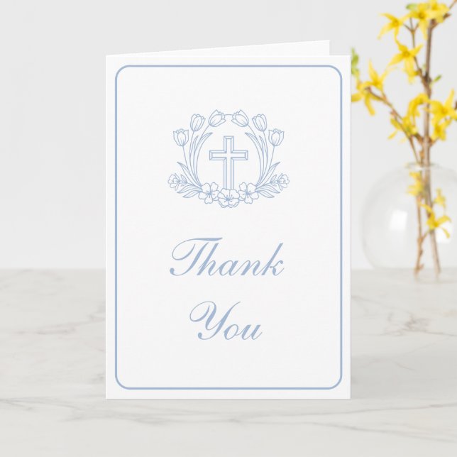 Simple Floral Light Blue Cross Religious Thank You Karte (Gelbe Blume)