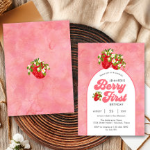 Simple Floral Red Strawberry Berry First Birthday