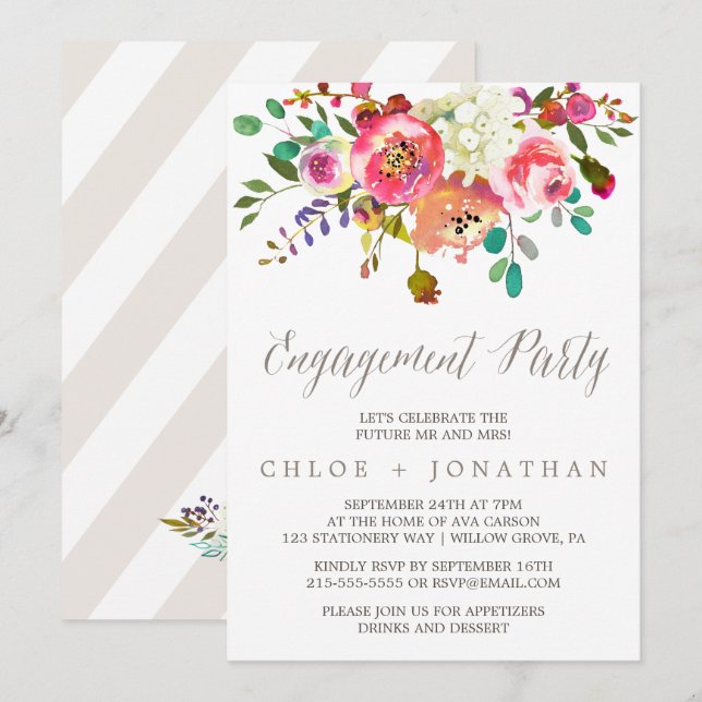 Simple Floral Watercolor Bouquet Engagement Party Einladung (Vorne/Hinten)