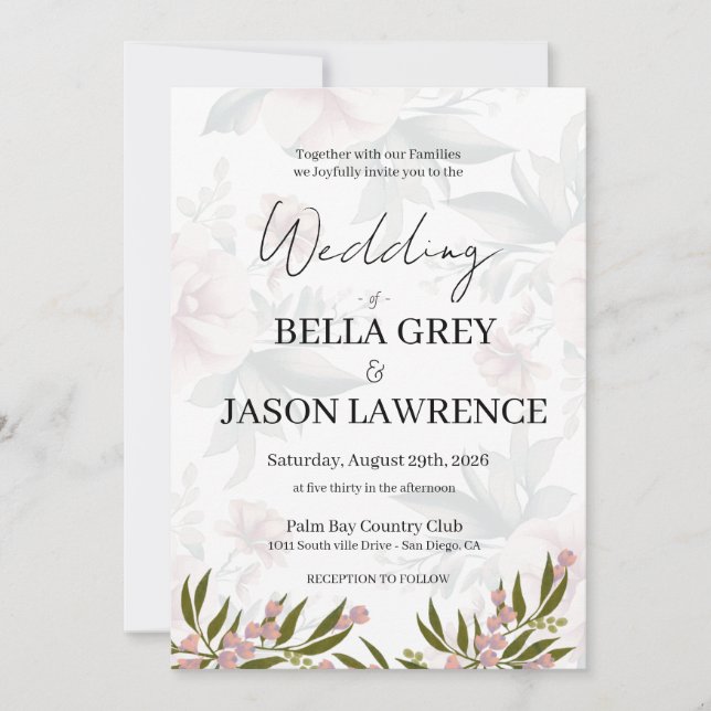 Simple flower Black & White Wedding Invitation Einladung (Vorderseite)