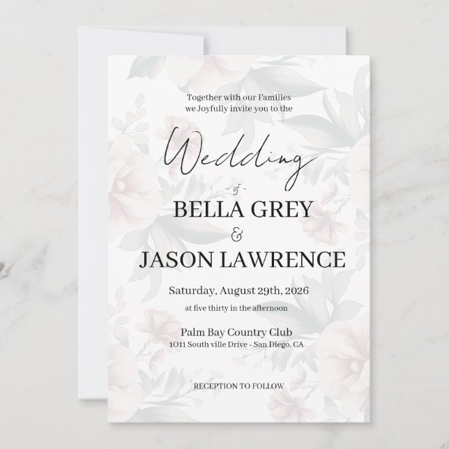 Simple flower Black & White Wedding Invitation Einladung (Vorderseite)