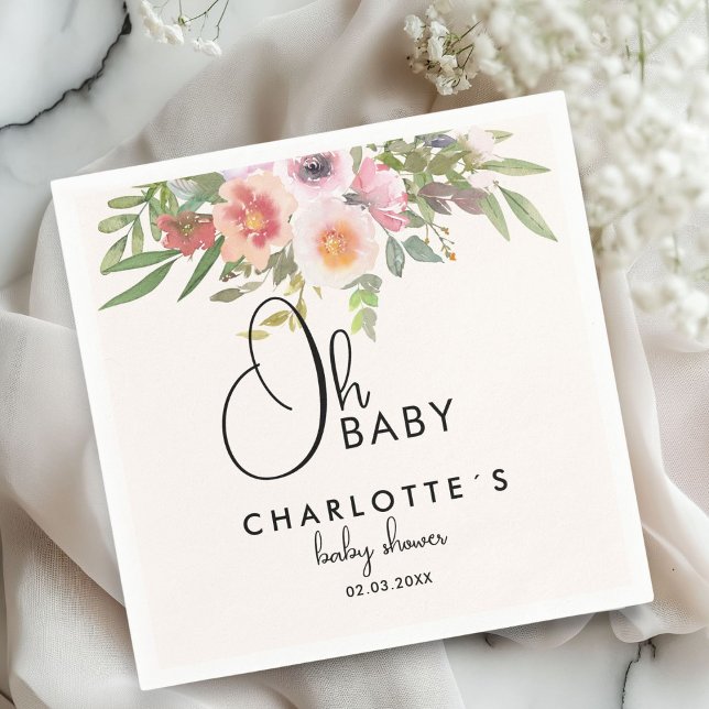 Simple, flowers Baby Shower Serviette (Simple, watercolor, flowers Baby Shower Napkins with your name and date.)