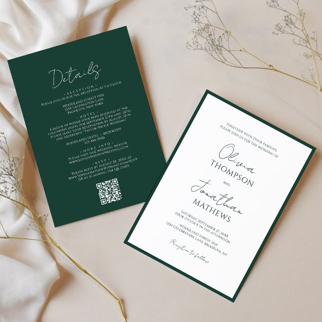 Simple Forest Green Border Script QR Code Hochzeit Einladung (Von Creator hochgeladen)