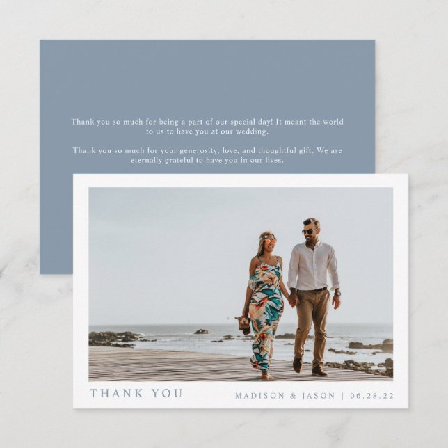Simple Foto Dusty Blue Wedding Dankeskarte (Vorne/Hinten)