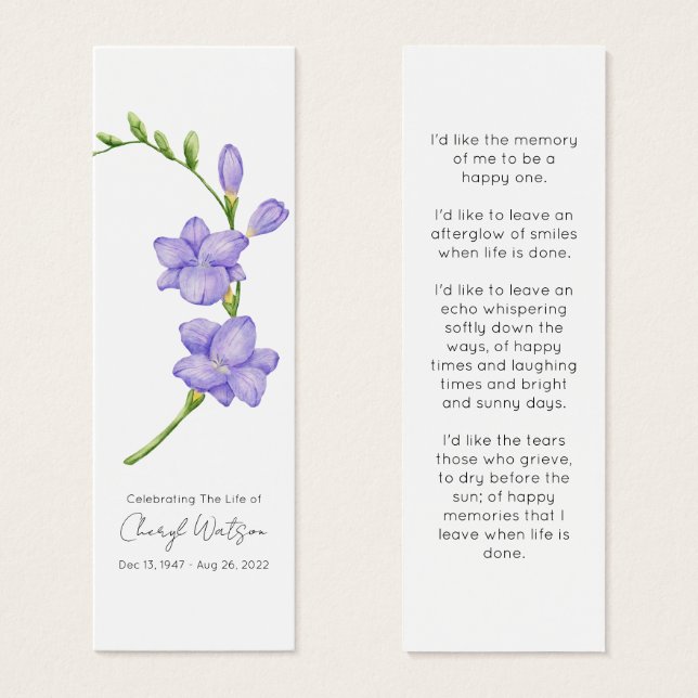 Simple Freesia Funeral Memorial Bookmark (Vorne & Hinten)