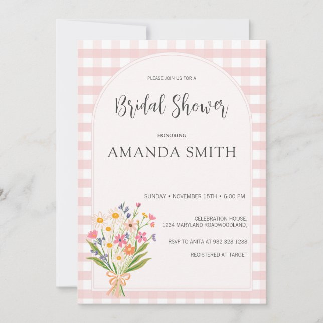 Simple Gingham Pink Floral Brautparty Einladung (Vorderseite)