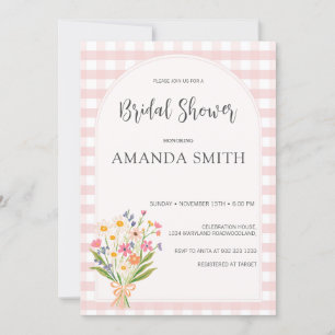 Simple Gingham Pink Floral Brautparty Einladung