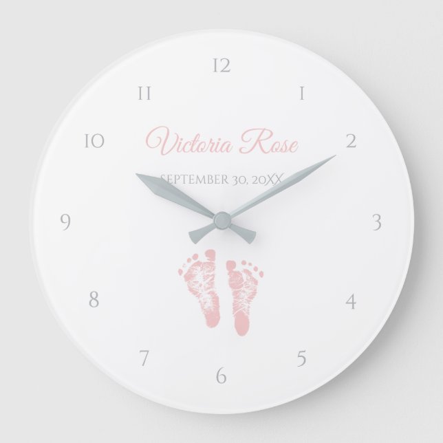 Simple Girl Birth Memento Wertvoll Pink Footprints Große Wanduhr (Vorderseite)