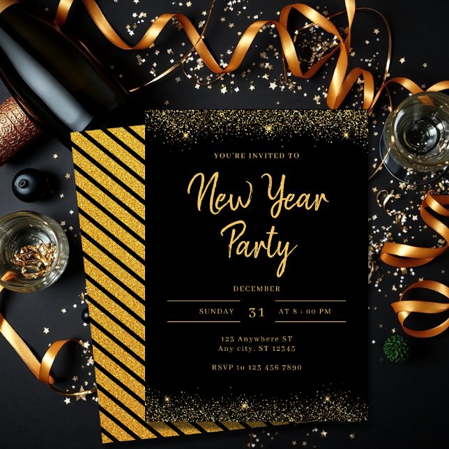Simple Gold and Black Sparkle New Year Party Einladung (Von Creator hochgeladen)