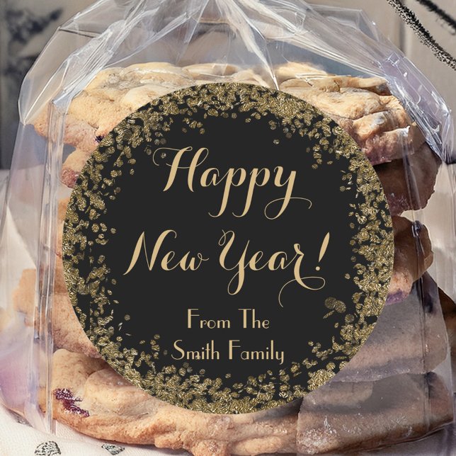 Simple Gold Confetti und Black Happy New Year Runder Aufkleber (Von Creator hochgeladen)