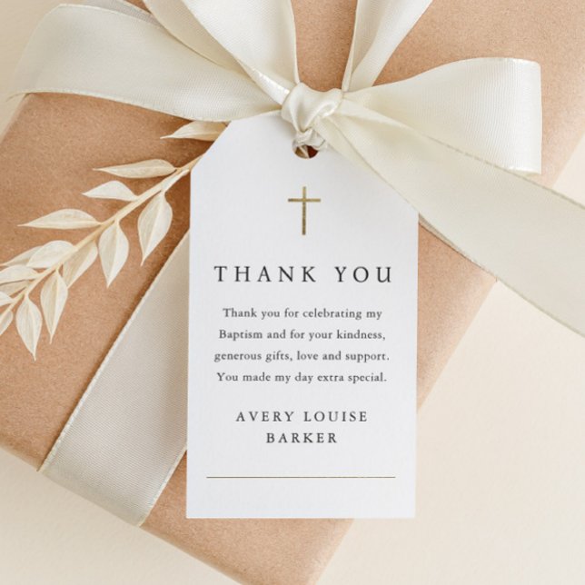 Simple Gold Cross Foto Taufe Vielen Dank Geschenkanhänger (Elegant simple baptism thank you favor gift tag with simple typography and minimal gold cross.)
