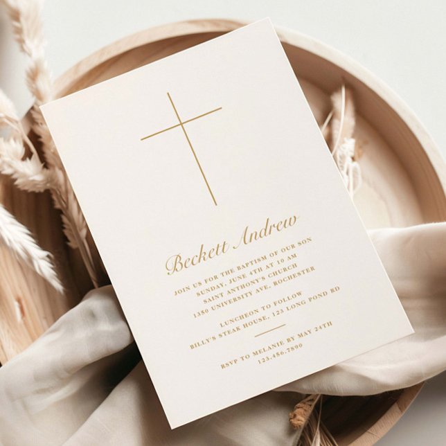 Simple Gold Cross Script Baptism Einladung (Elegant, simple cross gold baptism invitations.)