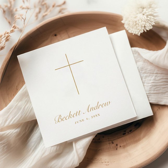 Simple Gold Cross Script Baptism Serviette (Simple Gold Cross Script Baptism, Christening or First Holy Communion Napkins.)