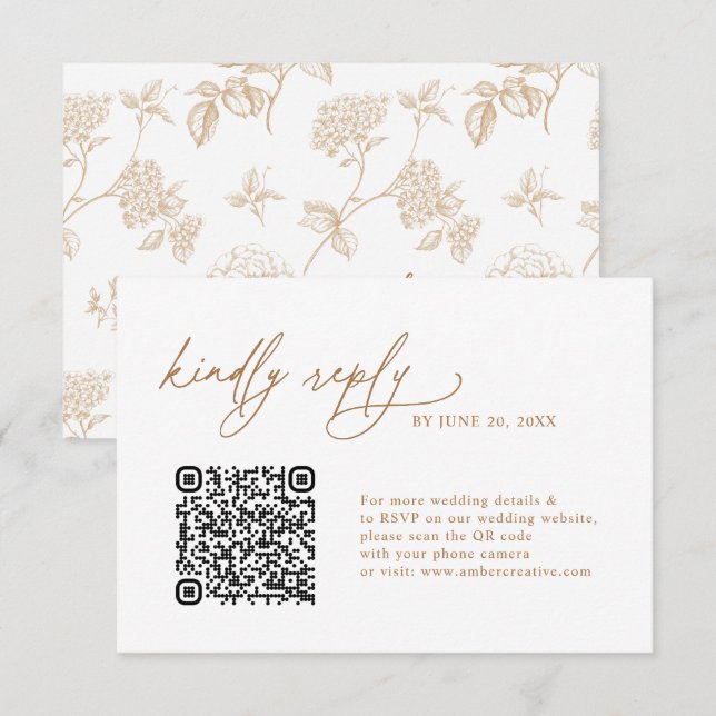 Simple Gold Floral QR code Wedding RSVP Cards Karte (Vorne/Hinten)