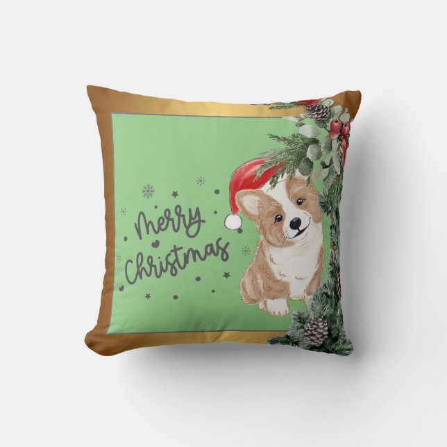 Simple Gold Green Corgi Christmas Throw Kissen (Vorderseite)