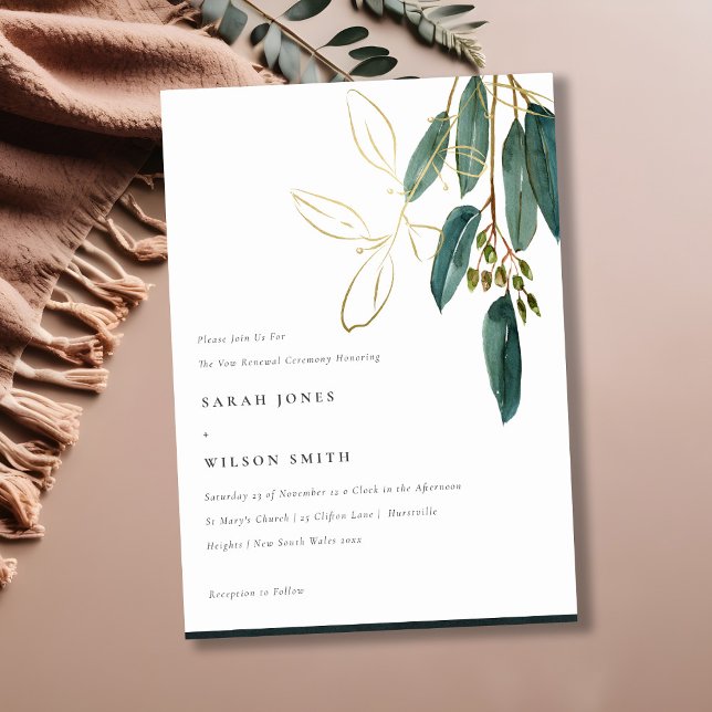 Simple Gold Green Eucalyptus Foliage Vow Renewal Einladung (Von Creator hochgeladen)