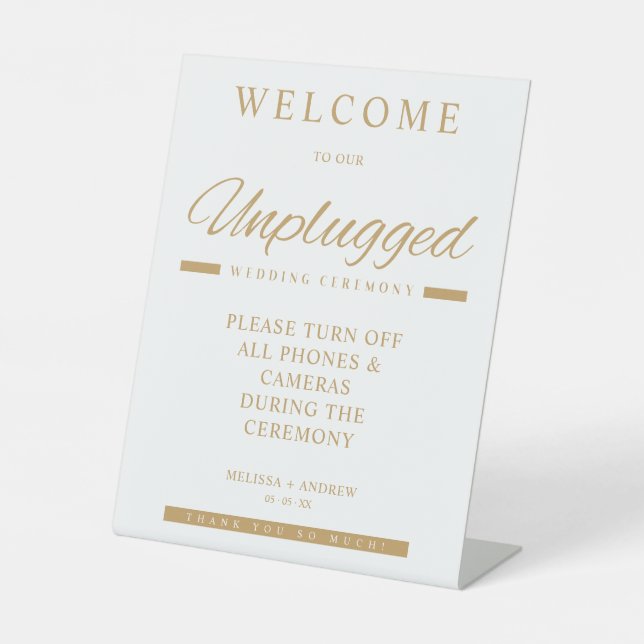 Simple Gold Minimalist Unplugged Wedding Sign Sockelschild (Vorderseite)