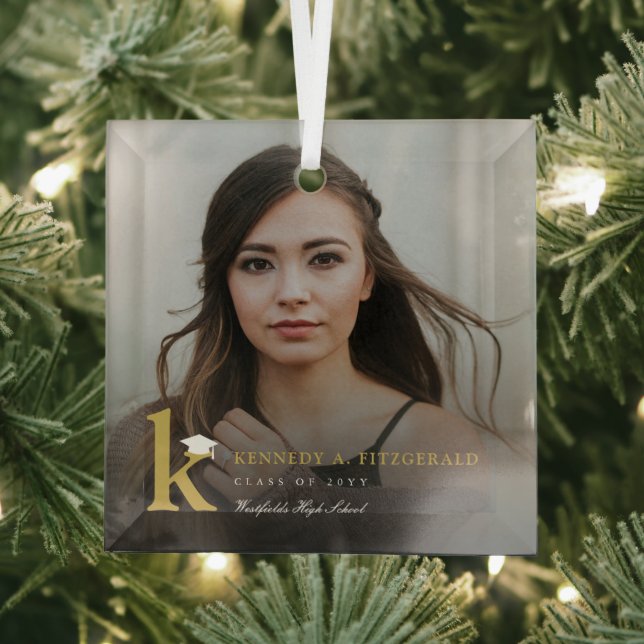 Simple Gold Monogram Modern Photo Graduation Easel Ornament Aus Glas (Insitu)