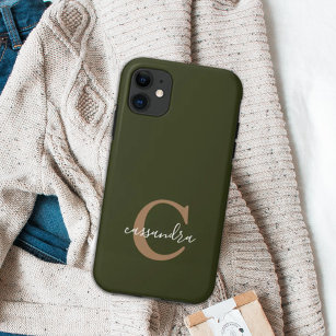 Simple Gold Monogram Script Name Forest Green Case-Mate iPhone Hülle