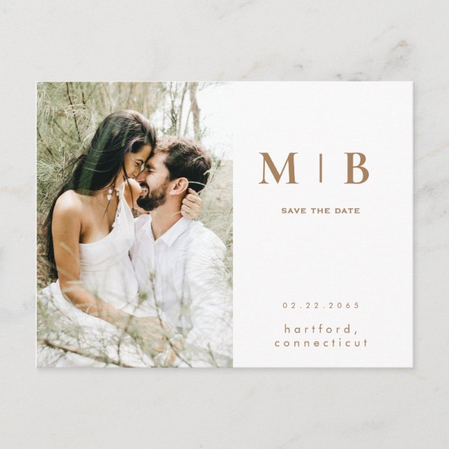 Simple Gold Monogram White Foto Save the Date Postkarte (Vorderseite)