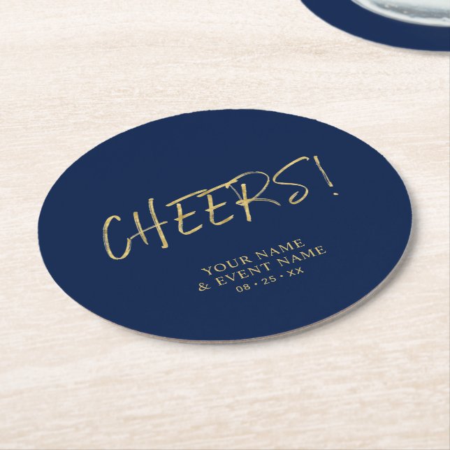 Simple Gold & Navy Cheers Adult Birthday Party Runder Pappuntersetzer (Angewinkelt)