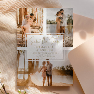 Simple gold save the date 3 photo grid collage postkarte