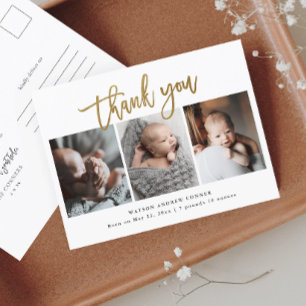 Simple Gold Script 3 Foto Baby Vielen Dank Postkarte