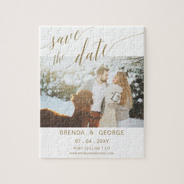 Simple Gold Script Calligraphy Foto Save the Date Puzzle (Vertikal)