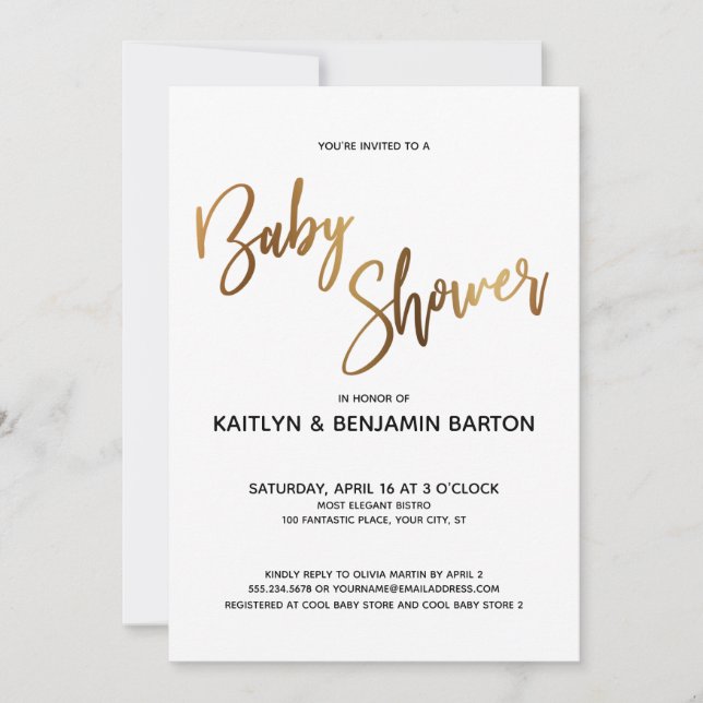 Simple Gold Typografy Baby Shower Einladung (Vorderseite)